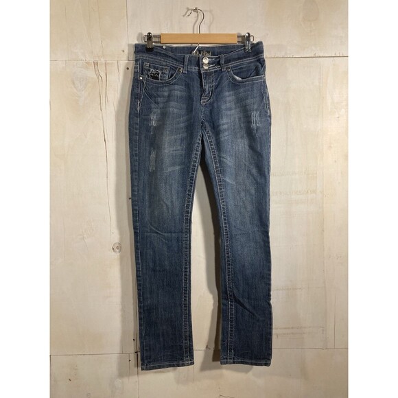 Y2K Red Rivet Bootcut Jeans Women’s Sz 9 Medium Wash Low Rise Bling Embellished - Picture 1 of 8